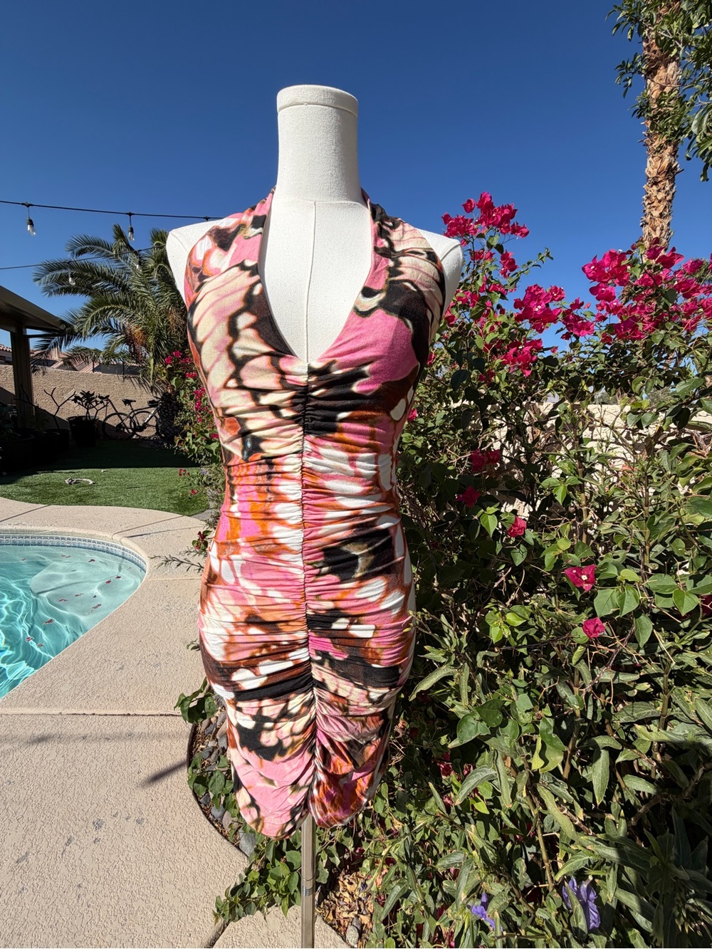 Pink Floral Ruched Halter Dress
